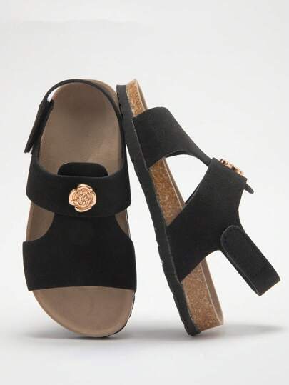 1 Pair Girls' Gold Floral Emblem Decor Faux Suede Upper, Rubber Sole With Soft Cork Midsole, Non-Slip Shock Absorbing Open Toe Hook And Loop Strap Flat Sandals, Fashionable Casual For Daily & Holiday Wear