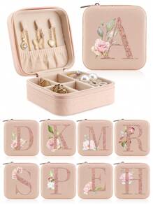 1pc Caixa de joias rosa com flores rosas, caixa de joias de viagem da moda com letras de ouro rosa, caixa de joias de viagem de presente personalizada, presentes de aniversário para mulheres, presentes de Natal para meninas adolescentes, iniciais, caixa de joias de viagem A-Z