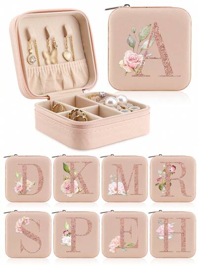 1 Stück rosa Schmuckkasten mit Rosen, modischer Reise-Schmuckkasten mit rosafarbenen Buchstaben, personalisiertes Reise-Geschenkschmuckkasten, Geburtstagsgeschenk für Frauen, Weihnachtsgeschenk für Teenager Mädchen, Initialen Reise-Schmuckkasten A-Z