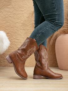 Women's Thick Heel Slip-On Embroidered Brown Western Ankle Booties, Go With Sweater Square Toe Mid-Calf Fashion Cowboy Boots, New Autumn Winter Short Shaft Riding Boots