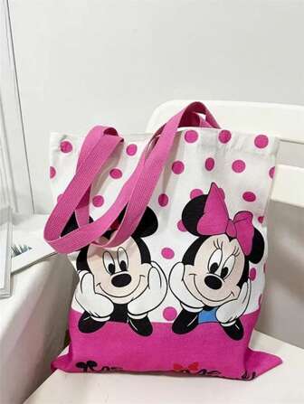 Disney 1 pieza Bolso de hombro con estampado de Minnie y Mickey Mouse de Disney, bolso de lona para uso diario con amigos