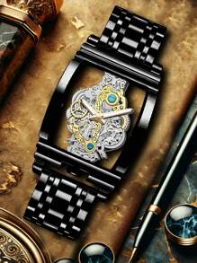 1pc Men's Gold-Color Zinc Alloy Hollow Quartz Battery Powered Formal Business Watch