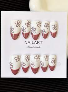 杏仁形指甲法式手工按压式指甲 | 带猫眼水钻的多色指甲片、手绘花卉和艺术设计 | 光泽全覆盖 DIY 假指甲套装（10 件/包）