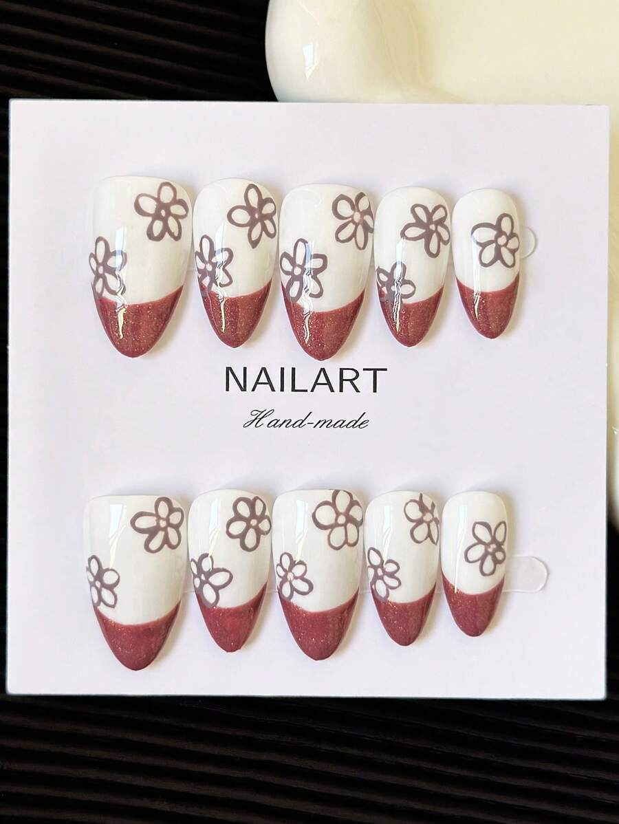 杏仁形指甲法式手工按压式指甲 | 带猫眼水钻的多色指甲片、手绘花卉和艺术设计 | 光泽全覆盖 DIY 假指甲套装（10 件/包）