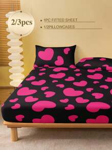 2/3 件套黑红色赫特形图案床笠套件（无填充物），卧室床笠套件，拉绒超细纤维透气舒适 1 件床笠 + 1/2 件枕套（无填充物），背面学校床上用品宿舍床上用品套件