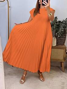 Women's Casual Plain Color Pleated Dress, Summer - Orange - View 3