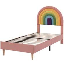 90*190 Upholstered Bed With Slatted Bed Frame And Headboard, Youth Bed, For Adults And Teens, Rainbow Shaped Upholstered Backrest, Wooden Slat Support, Easy To Assemble, Height Adjustable Headboard, Velvet, Pink - Pink - View 10