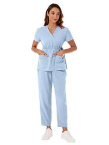 1 Set With Tie-Waist Short Sleeve Pocket Top And Elastic Waist Pants, Nursing Scrub Set Spring - Baby Blue - View 5