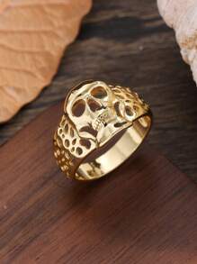 1pc Men's Fashionable Hollow Designed Gold Skull Ring, Suitable For Attending Banquets, Easter, Halloween, Daily Wear, Gifting - Gold - View 4