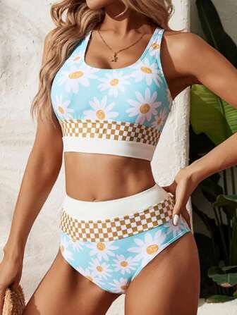 女士圆领雏菊印花吊带背心式泳衣，带棋盘格细节，中等弹力，休闲可爱泳装比基尼