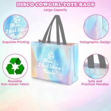 Let's Go Party 单身派对彩虹色手提袋可重复使用全息伴娘礼品袋，带白色手柄，复古迪斯科女牛仔派对配件，西部女牛仔主题派对礼品 - 彩色 - 查看 7