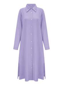 Fashion Women Solid Color Long Sleeve Single-Breasted Casual Elegant Shirt Dress - Purple - View 3