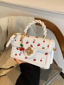 女士多功能高品质时尚樱桃印花手提包，时尚小方斜挎包，春夏新品系列 - 白色 - 查看 1