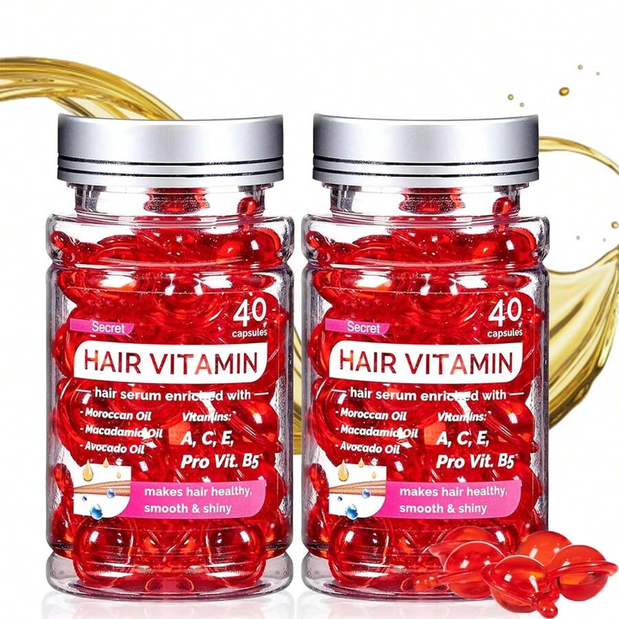 2pcs Hair Vitamin Serum Capsule, Hair Treatment Serum, Enriched With Moroccan Avocado Oils, Moisturizing&Strengthening Silky Hair Vitamin Oil Capsule For Frizzy And Damaged Hair, Repair Damaged Hair, 2BOX - 紅色 - 查看 1