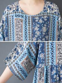 AZAH Đầm maxi cỡ lớn kiểu Bohemian mới năm 2026, tay lửng kiểu cánh dơi, cổ chữ V, có túi, dáng chữ A, chất liệu vải dệt, thích hợp làm quà tặng Ngày của Mẹ, họa tiết hoa Bohemian dài. - Màu xanh lam - Xem 8