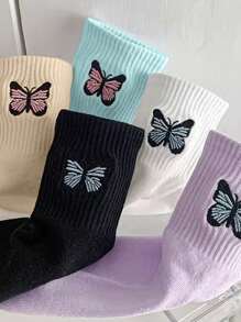 5 双儿童可爱卡通刺绣蝴蝶百搭学生袜子，校园风格长袜