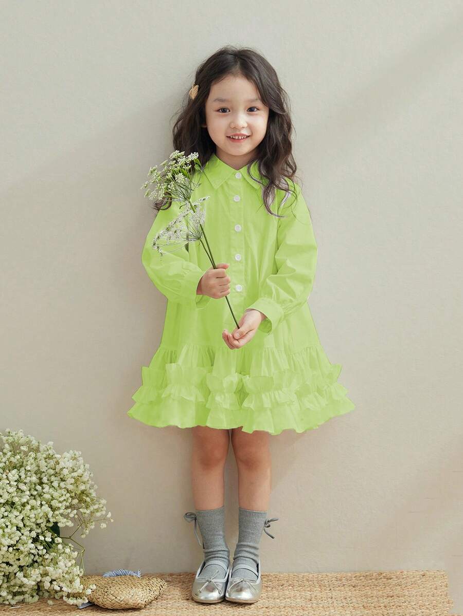 Vestido de línea A con mangas largas, volantes y plisados para niñas, primavera y otoño - Verde - Ver 1