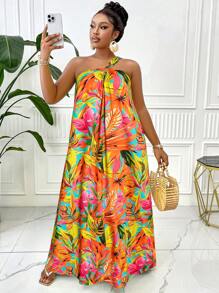 BIUBIU 大码夏季纯绿色无袖单肩连衣裙，饰有圆形圆环，适合休闲穿着、海滩度假和旅行 - 橘色 - 查看 3