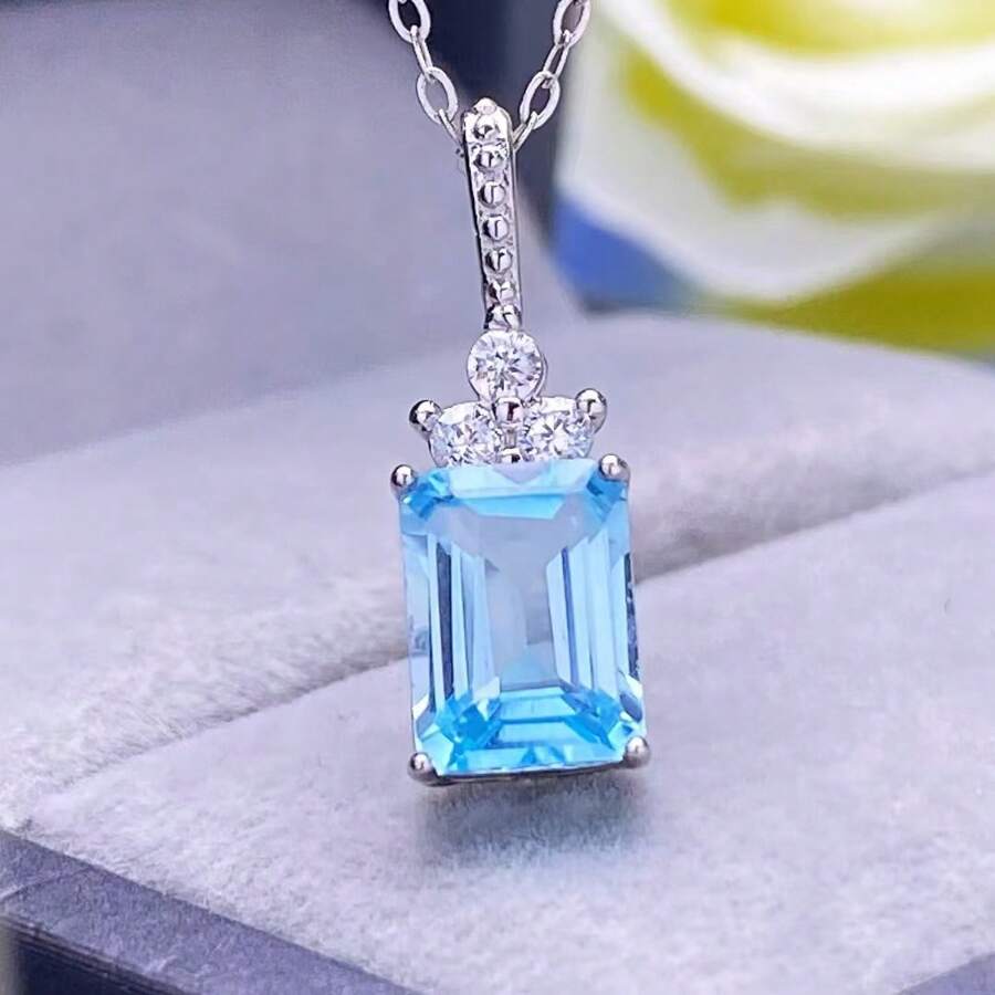 1pc 925 Sterling Silver Inlaid Natural Blue Topaz Rectangular Pendant, Not Include Chain, Suitable For Women's Daily Or Festival Party Wear