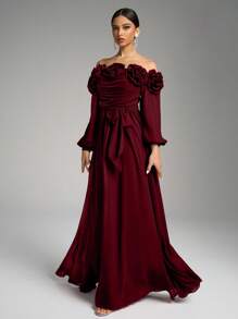 SUPGIR Off-Shoulder Kleid mit Laternärmeln, floralem Dekor, elegantes A-Linien Langkleid, Brautjungfernkleid