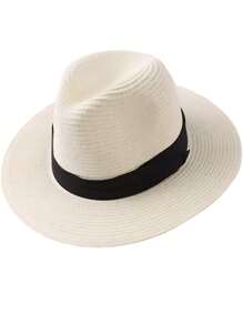 1pc Plaid Casual Straw Sun Hat, Solid Color Woven Breathable UV Protection Hat For Men And Women, Summer Outdoor Travel Beach