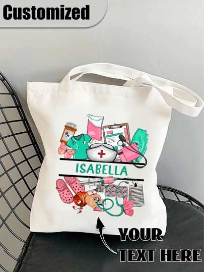 1pc Customized Nurse Name Canvas Tote Bag, Nurse Themed Tote Bag , Casual Style, Fabric Structure, Fixed Shoulder Strap, Stethoscope, Heart, Syringe, Thermometer Graphic Print,Personalized Aesthetic Nurse Design, Doctor Appreciation Gift, Durable Travel Bag, Home & Kitchen Party Favor, Customized Name Tote For Nurses