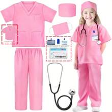 Conjunto de 6 piezas Disfraz de doctor para niños con bata quirúrgica y accesorios, disfraz de Halloween para niños y niñas pequeños, color rosa