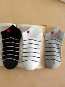 3 Pairs Assorted New Design Casual Heart & Stripe Print Women Short Socks, Cute Outdoor Socks