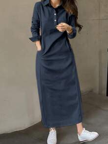 春秋新款时尚优雅翻领纽扣长袖女式阿拉伯连衣裙 - 藏蓝色 - 查看 4