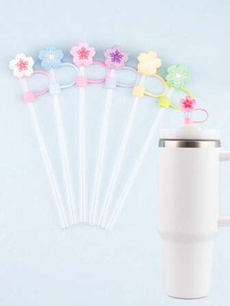 1PC/7PCS 10mm/0.4 英寸吸管盖杯盖，花形吸管盖适用于带手柄的 30&40 盎司玻璃杯，10mm 0.4 英寸硅胶吸管头盖（彩色樱花 7 件）