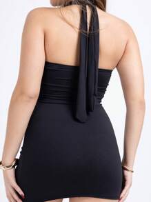 Short, Tight Dress With Neck Detail For Party, Club, Foreign Fashion - 黑色 - 查看 4