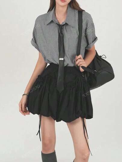 Ruffled Skirt Design High Waisted Tie-Up Cute Bubble Lantern Skirt, For Women