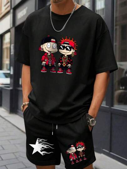 男士休闲卡通印花短袖T恤和短裤套装，适合日常穿着