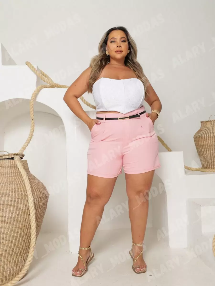 Plus Size Tailored Shorts With Elegant Belt Summer - 淡粉紅色 - 查看 1