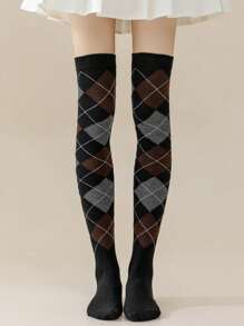 1 Pair Spring Autumn Winter Jk Dance Geometric Patterns Argyle Plaid Knee High Socks Thigh Over The Knee Socks, Y2k, Cozy - Multicolor - View 12