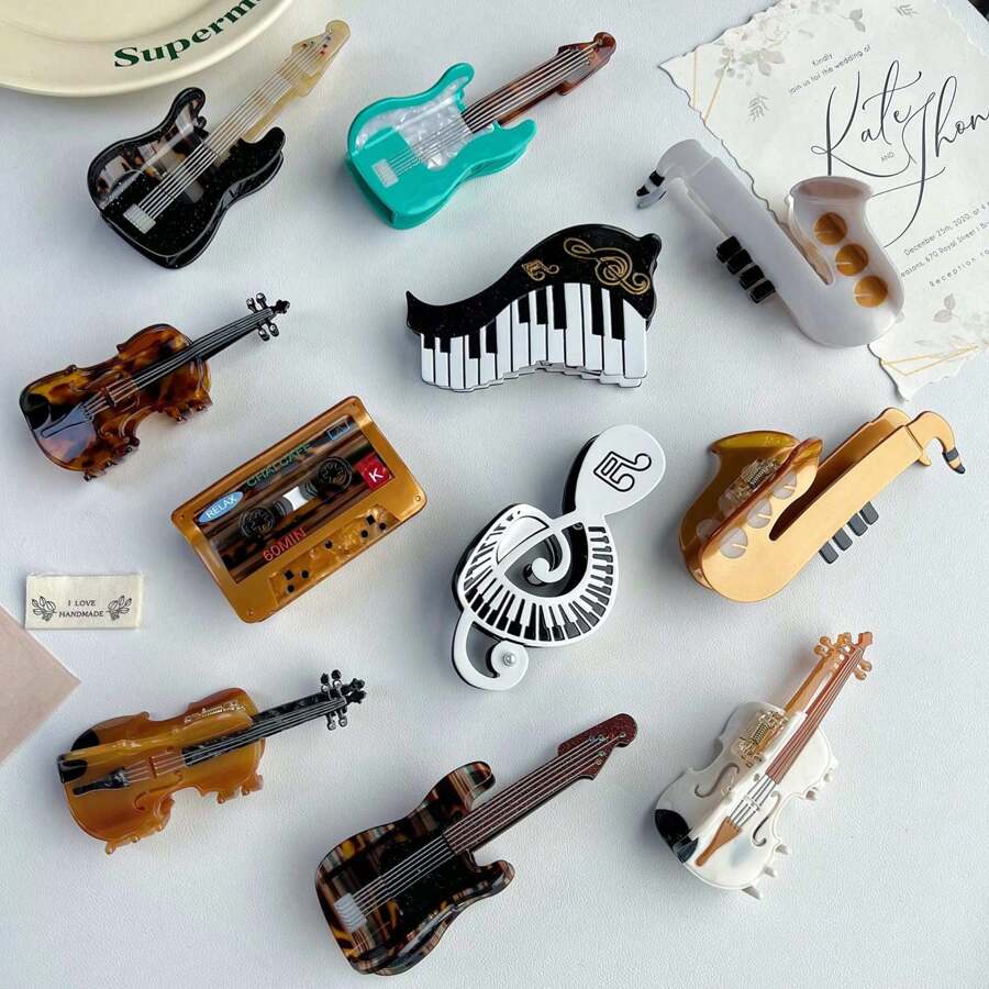 Pince à cheveux de luxe en acétate pour violoncelle et contrebasse, design minimaliste de note de piano et de saxophone. Pince à cheveux haute queue de cheval. Accessoires de cheveux transfrontaliers, pinces à cheveux, pinces à mâchoire, pinces à cheveux, clips à cheveux, clips à cheveux pour les tenues de vacances des femmes en automne et en hiver