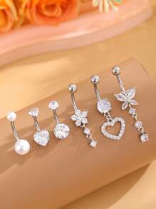 Set de 6 anillos de ombligo de acero inoxidable con forma de mariposa, corazón y perlas falsas, y anillos de ombligo con forma de corazón de doble garra para mujeres