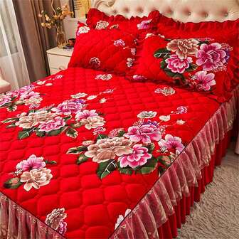 1 件绗缝水晶天鹅绒加厚印花床裙（不含枕套），秋冬季蕾丝边床罩，防滑边缘床单，适用于卧室和客房，可机洗（仅床裙，无枕套）