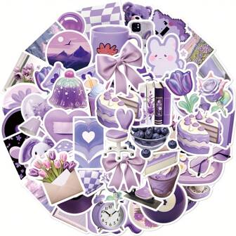 56 piezas de pegatinas moradas lindas con estilo Ins, pegatinas de vinilo a prueba de agua con dibujos animados y garabatos, adecuadas para botellas de agua, portátiles, teléfonos, patinetas, guitarras, equipaje, álbumes de recortes, cascos, decoraciones de fiesta y regalos