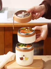 1 Pc Stainless Steel Vacuum Thermal Portable Lunch Box Double Layer 500ml & 680ml Insulated Lunch Food Warmer Soup Cup Insulated Containers Bento Lunch Box With Foldable Spoon (Lid Randomly Shiped),School Supplies