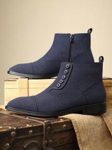 Men's Korean Version High Top Pointed Toe Side Zipper Soft Bottom Boots, New Style British Button Retro Versatile Leather Boots - Blue - View 3