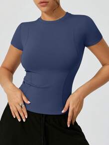 Camiseta deportiva de mujer de cuello redondo de secado rápido, ajuste ceñido con efecto estilizante, transpirable, para actividades al aire libre y fitness de manga corta