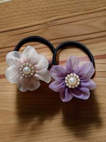 3pcs Flower Decor Hair Tie, Ponytail Holder, Hair Tie Set Hair Accessories For Women - Multicolor - View 4