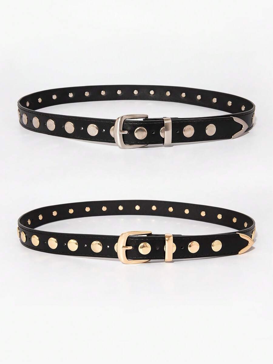 1 pieza Cinturón de mujer con hebilla de remache redonda de estilo punk dorado/plateado Y2K, accesorio versátil para uso diario, verano, escuela, otoño, Halloween