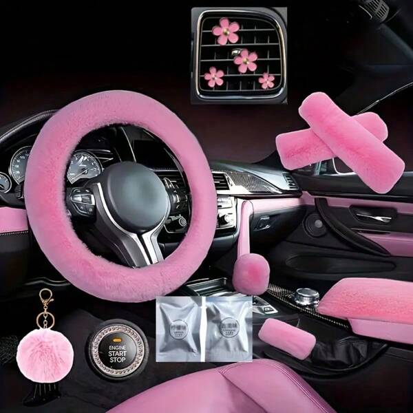14pcs/Set Pink Goddess Plush Car Interior Accessories Kit - Fit For, Including Fluffy Steering Wheel Cover And Faux Rex Rabbit Hair Decor, Cute Car Accessories