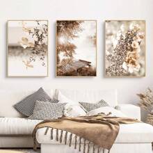 Set di 3 quadri decorativi, foresta autunnale nebbiosa moderna, paesaggio di lago e fiori selvatici, stile minimalista per decorazione della casa, parete di soggiorno e camera da letto, cartellone senza cornice su tela