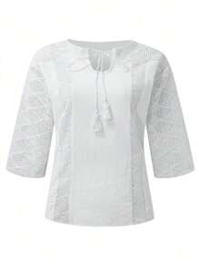 Blusa de encaje casual de verano para mujer, de unicolor, con escote en O y manga 3/4
