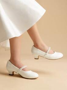 Girls Party Shoes Low Heels For Little Big Girl Mary Jane Shoes With Pearl Rhinestones Flower Girl Pumps Princess Wedding - White-pat - View 4