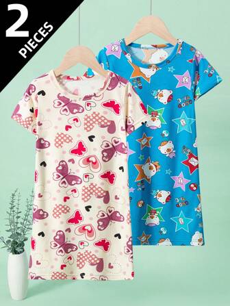 小女孩两件套短袖睡袍，春夏轻便中长休闲连衣裙，尺码 4-12 岁