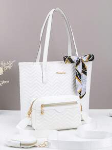 3pcs Set Quilted Wave Pattern Large Capacity Tote Bag With Matching Shoulder Crossbody Camera Bag And Coin Purse, Classic Color Block - Multicolor - View 4